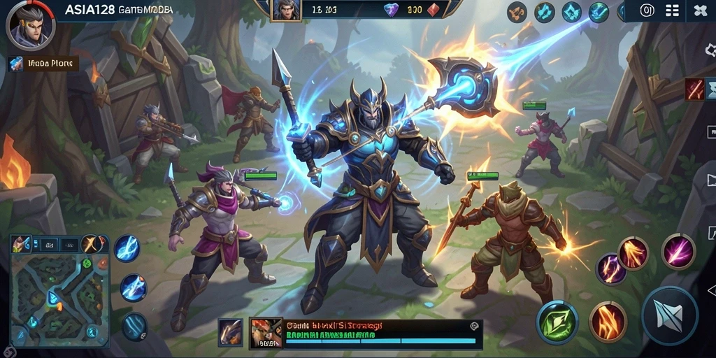 Tangkapan layar gameplay ASIA128 dengan aksi MOBA yang mendebarkan.