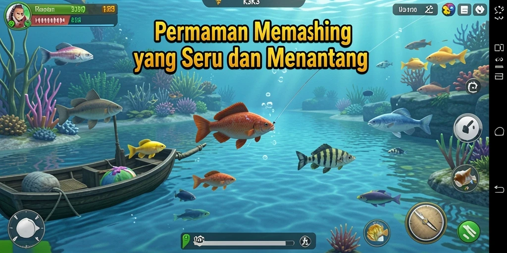 Screenshot gameplay K3K3 menampilkan aksi memancing yang mendebarkan.