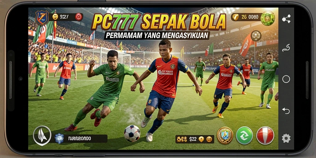 Screenshot gameplay PC777 menampilkan aksi sepak bola yang seru.