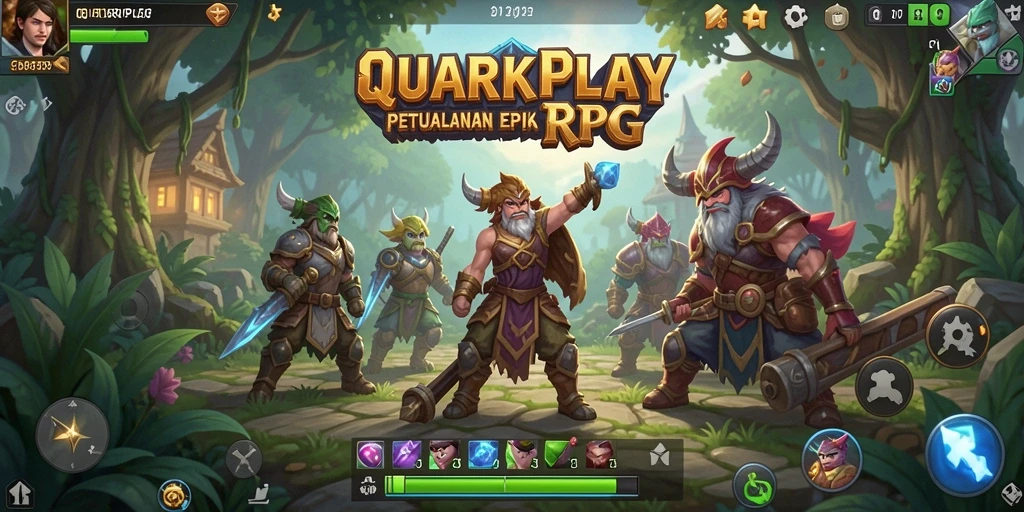 Screenshot game RPG QUARKPLAY menampilkan karakter dalam pertempuran epik.