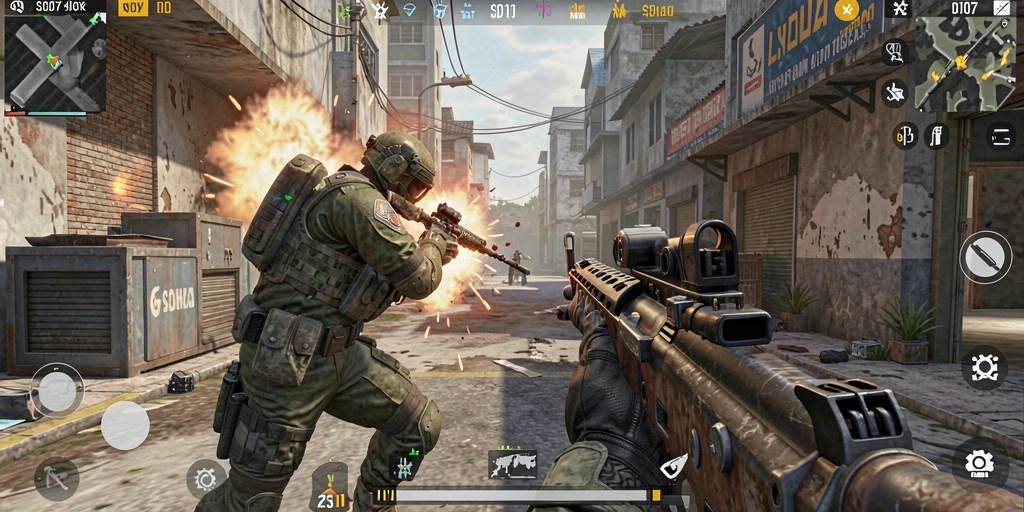 Gameplay intens SD107 dengan aksi tembak-menembak yang seru.