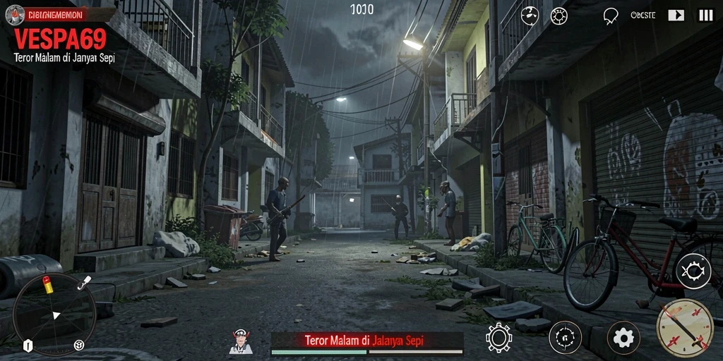 Tangkapan layar gameplay VESPA69 dengan suasana horror yang mencekam.